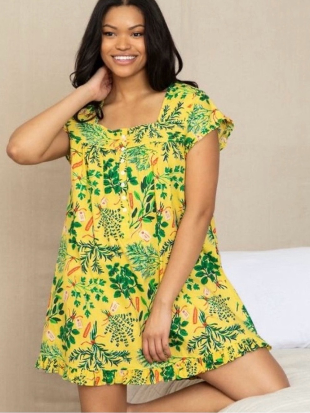 Printfresh Herb Garden Organic Cotton Pintuck Nightgown Citrine Yellow Medium